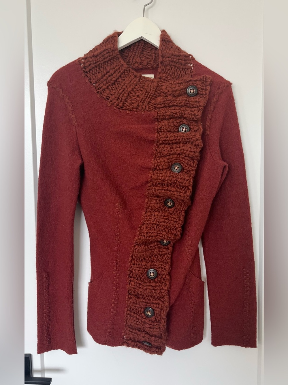 Anthropologie Gro Abrahamsson Transverse Placket Wool Cardigan Rust Orange XS - Picture 2 of 9